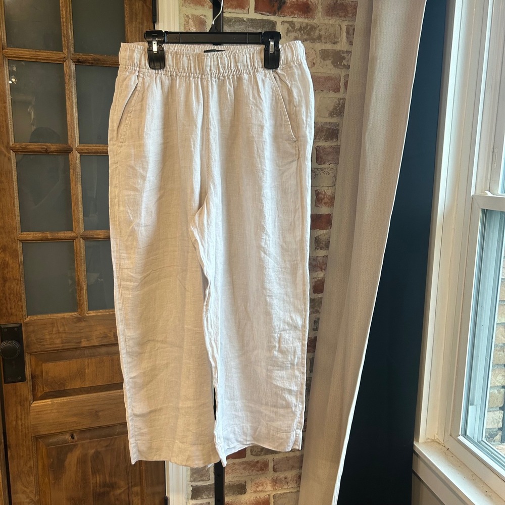 Tahari Linen Pants Women Beige Elastic Waist Wide Leg Relaxed Coastal Grandma XL